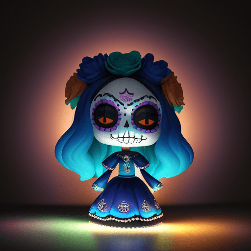 AI generated:  ,muñeco funko  de mujer, arte del día de muertos, día de los muertos, coco, iluminación fuerte, cál...