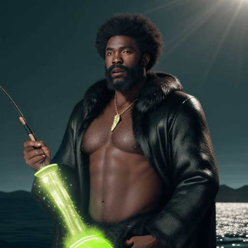 AI generated: black man dressed in  fur and cow skin finds meteorite while fishing, the green glow cast on the wat...