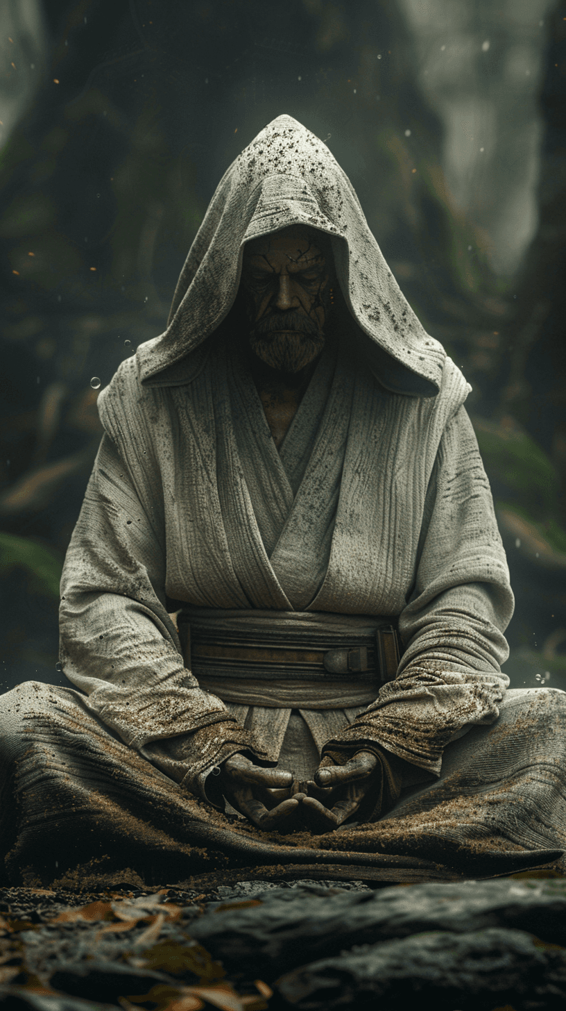 AI generated: A Jedi meditating after a battle in Endor, his skin shows fight wounds, his face is calm though tire...