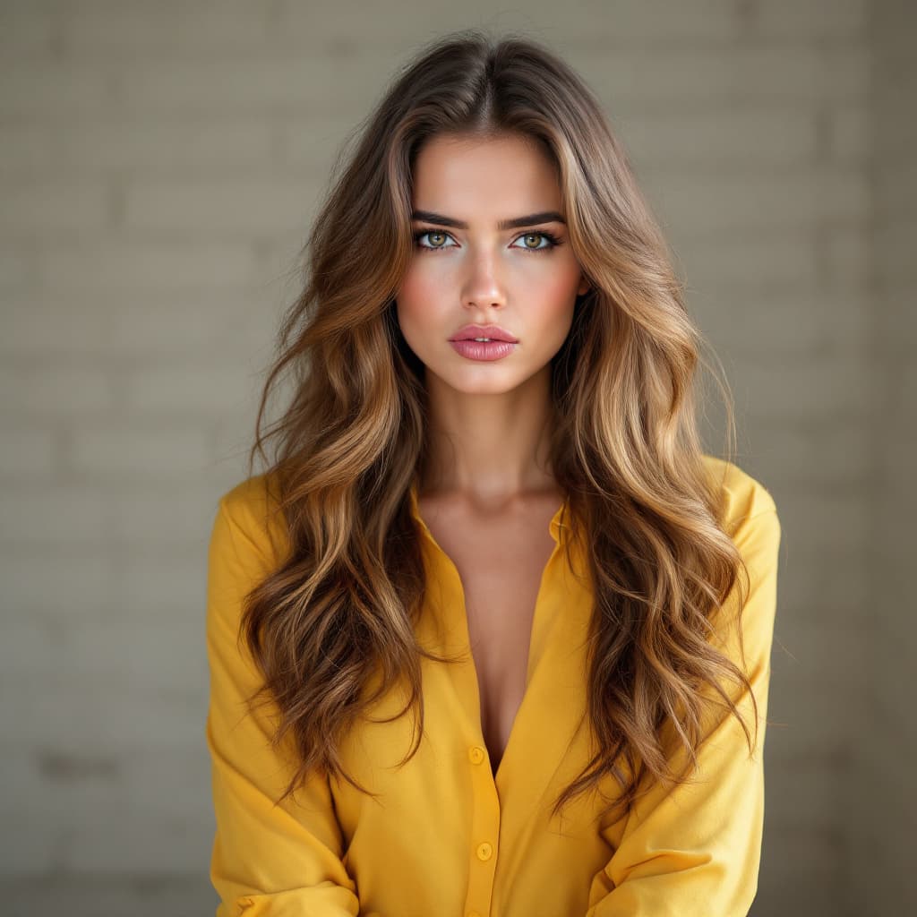 AI generated: style,Elegant portrait of a woman with long wavy hair, wearing a yellow shirt,indoors, sulky look,po...