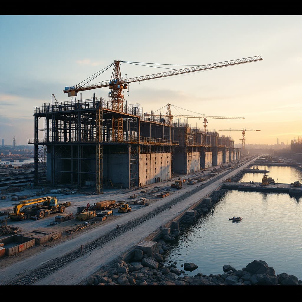 AI generated: create photographs of the construction of the dry port in Drogobich for a business presentationcreat...