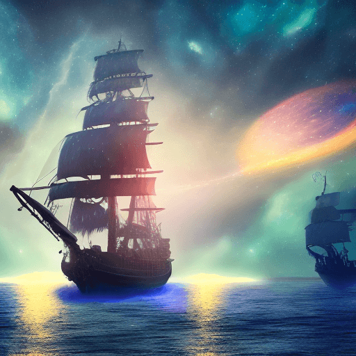 AI generated: (Pirate ship sailing into a bioluminescence sea with a galaxy in the sky), epic, 4k, ultra,