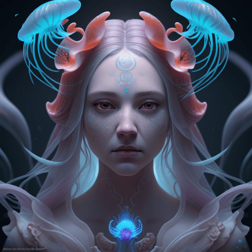 AI generated: Goddess close-up portrait ribcagel. jellyfish phoenix head, nautilus, orchid, skull, betta fish, bio...