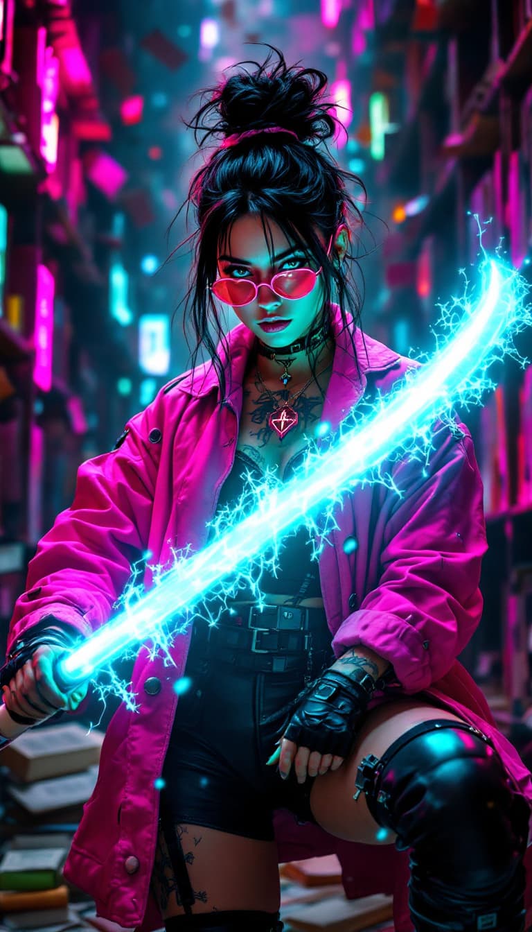 AI generated: An ultra-realistic, full-body action shot of a captivating neon-pink librarian, wielding knowledge w...