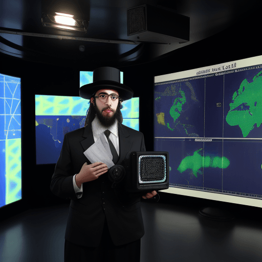 AI generated: Jewish Hasidic male news reporter, he's standing in the news studio, there's a projector behind him ...
