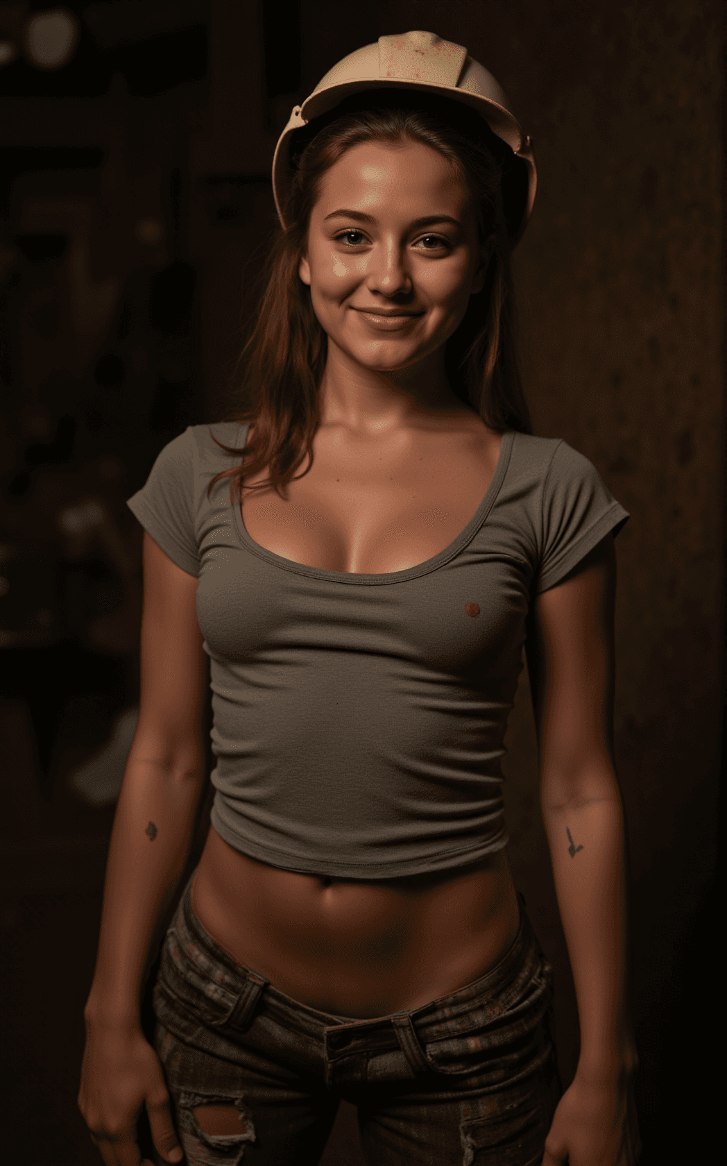 AI generated: A stunning young tween girl miner stands confidently, her entire body visible in the frame. Her skin...