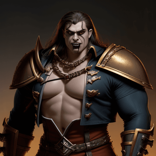 AI generated: A photograph styled  the universe of warhammer fantasy role play, Tall bulky man with shoulders that...