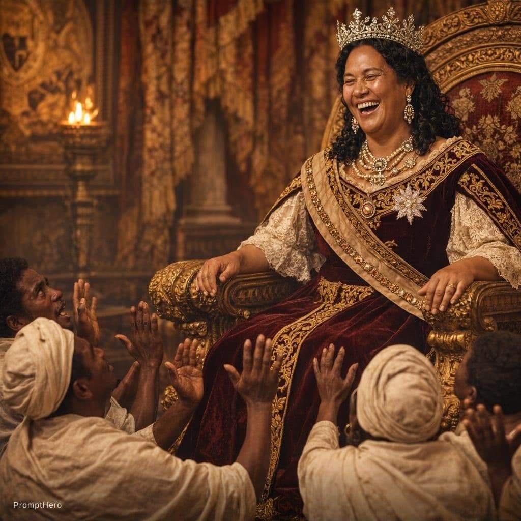 AI generated: the lady from input image 1 she laughs while she sees her african madagascar beg her on their knees ...