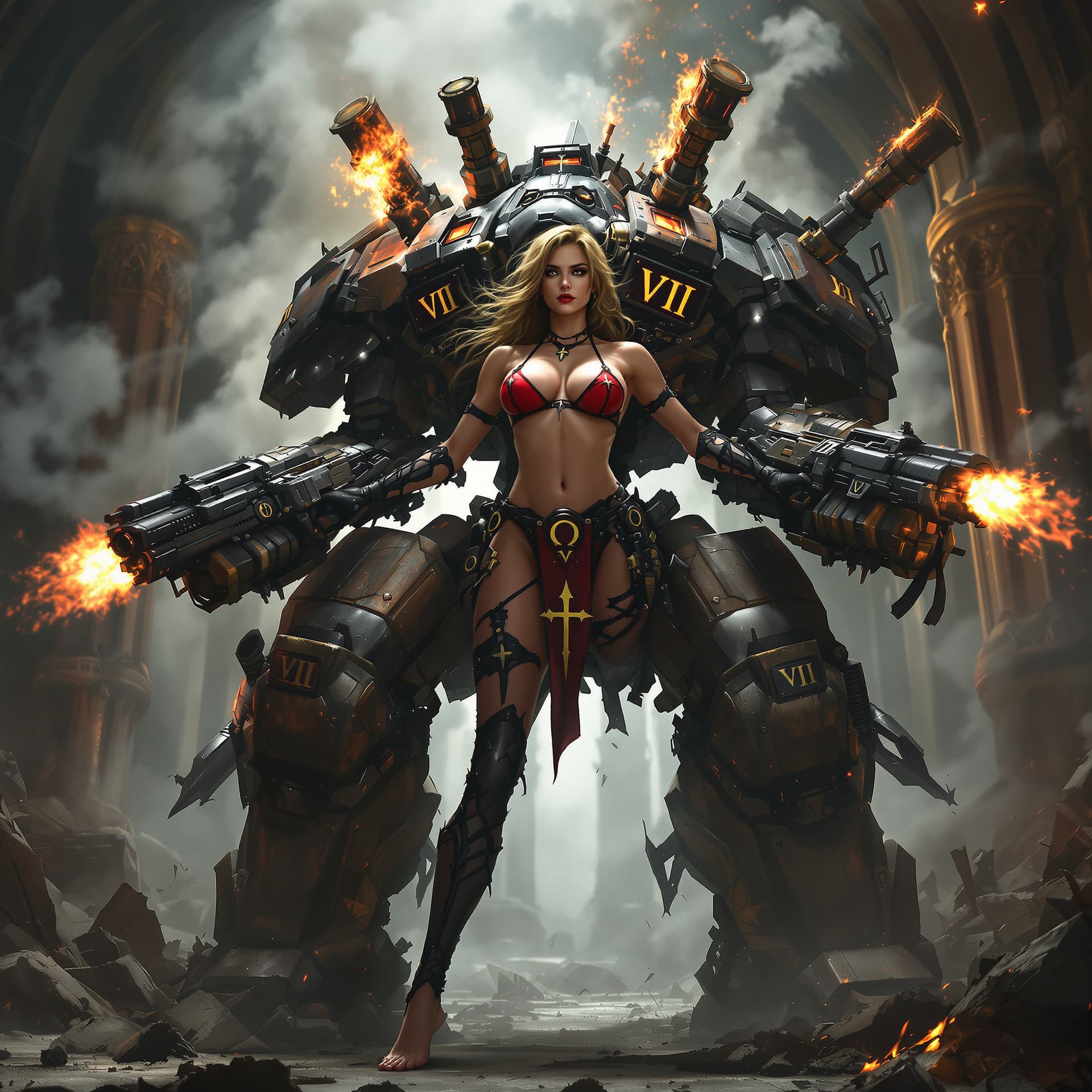 AI generated: The image features a strong female figure inside a massive war machine resembling a mechanical exosk...
