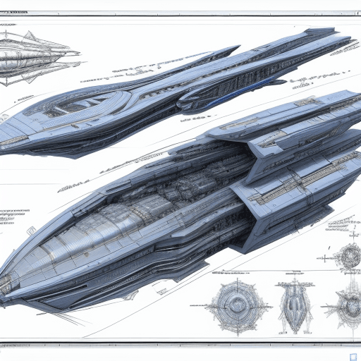 AI generated: sketches blueprint of futuristic sci-fi huge spacecraft, warp engines, formulas and annotations, sch...