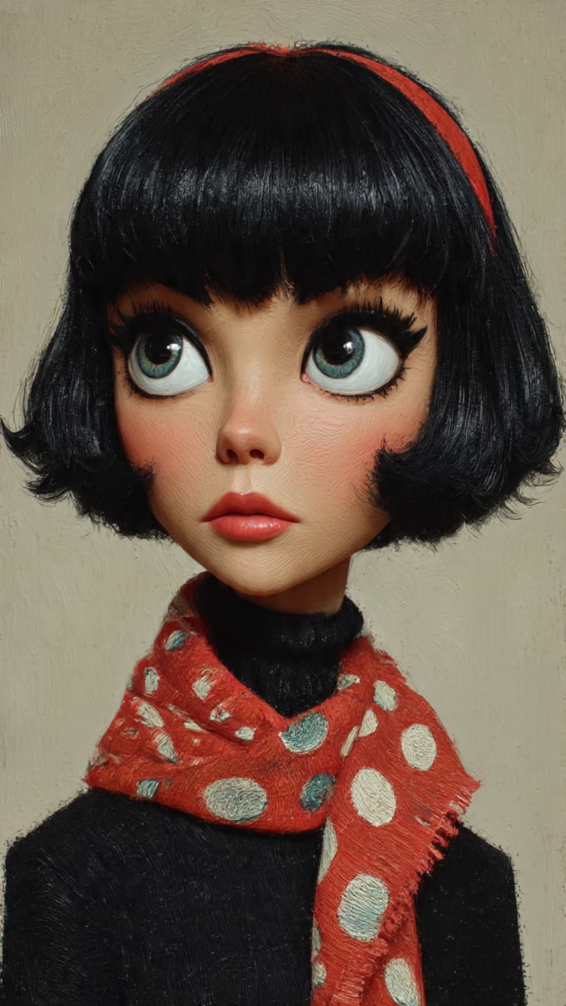 AI generated: 3d animation close up,female,young,huge eyes,bob hair,brunette