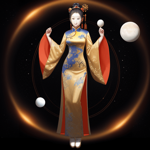 AI generated: Chinese woman full body, Saturnian background and with 3 moons, with high resolution.