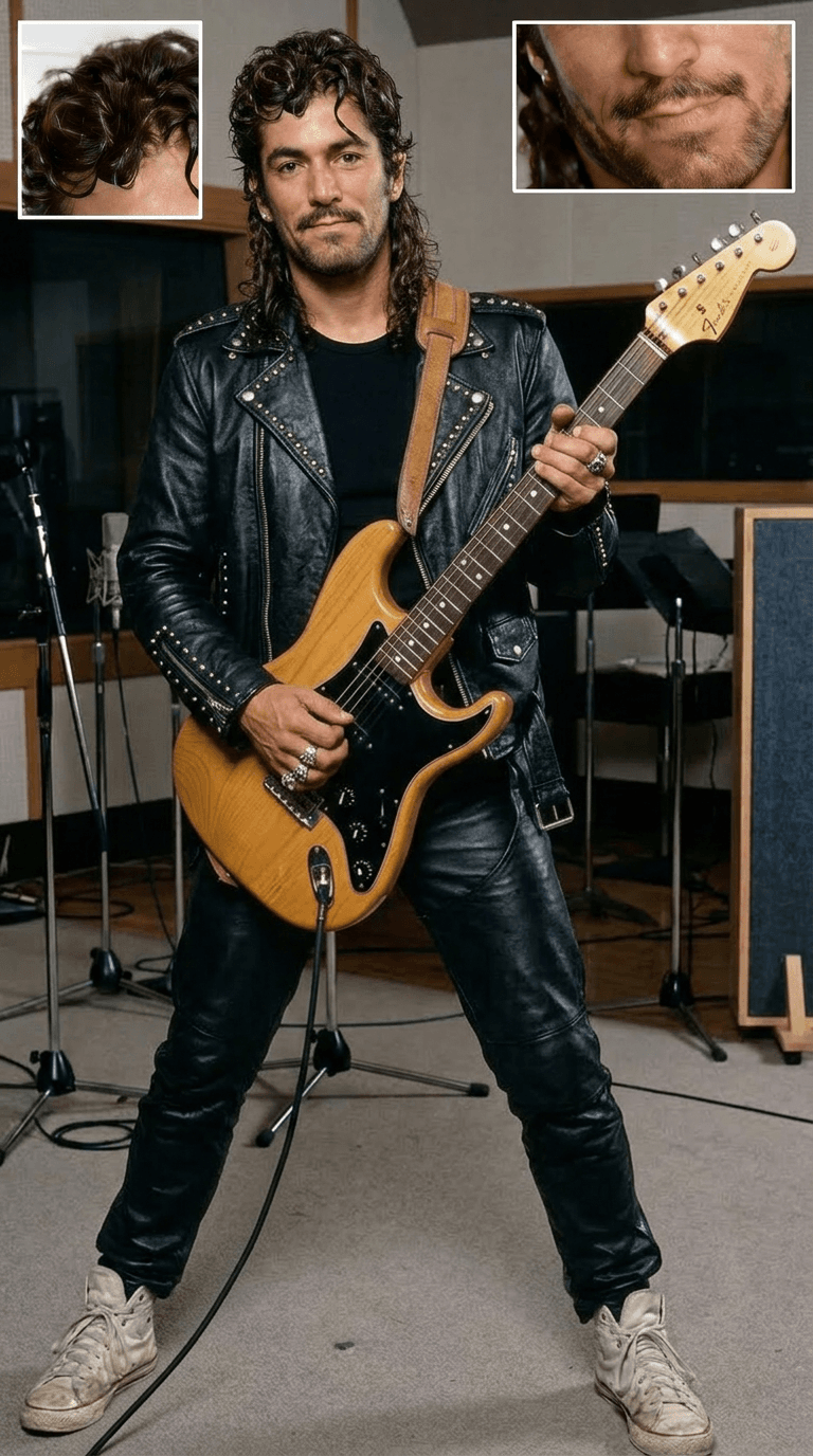 AI generated: 1980's Hard Rock guitar player dressed in all black leather pants with chaps, black t-shirt and blac...
