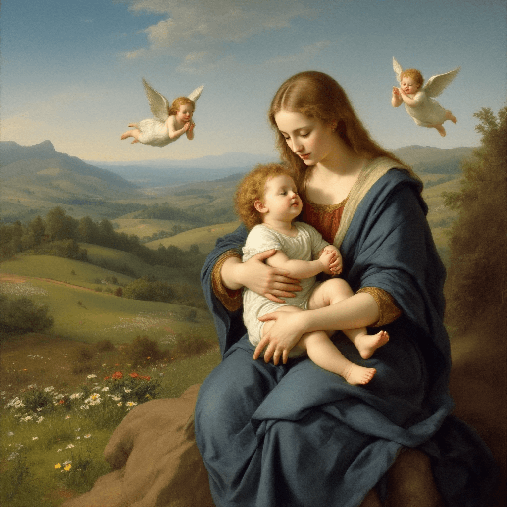 AI generated: Mary holding Jesus in her arms in the style of Caspar David Friedrich. She sits for a typical, idyll...