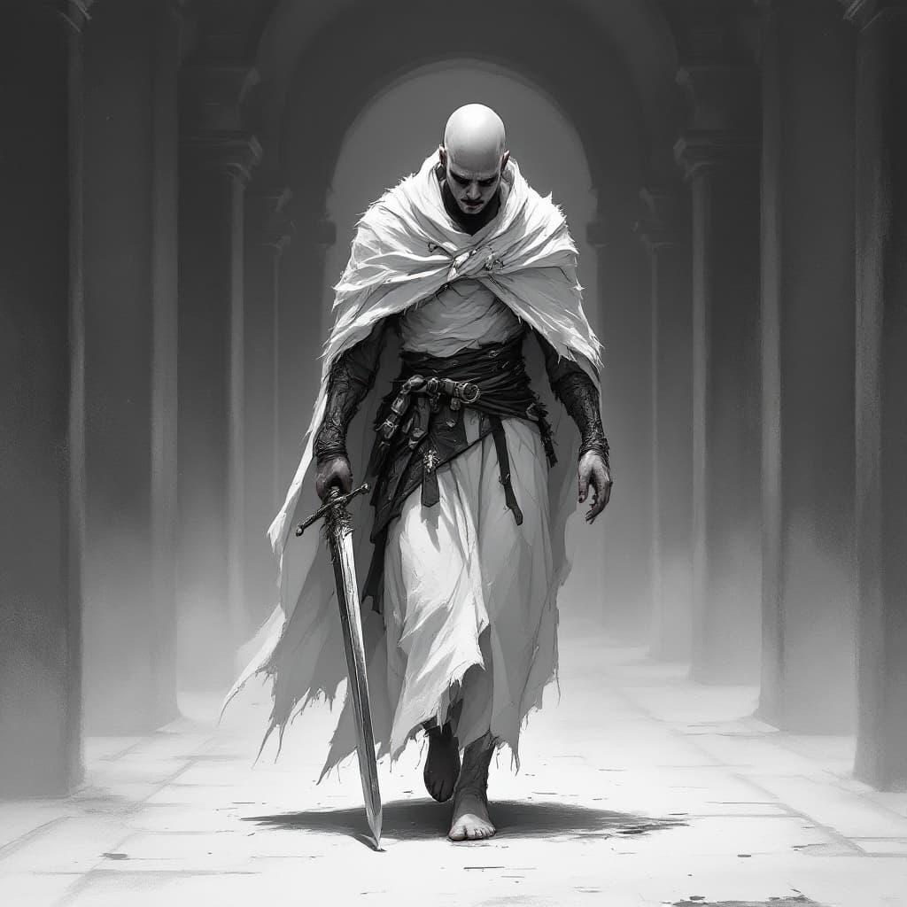 AI generated: n image of a full body male bald guy with white cloak, bare foot and a sword in his hand, crying whi...