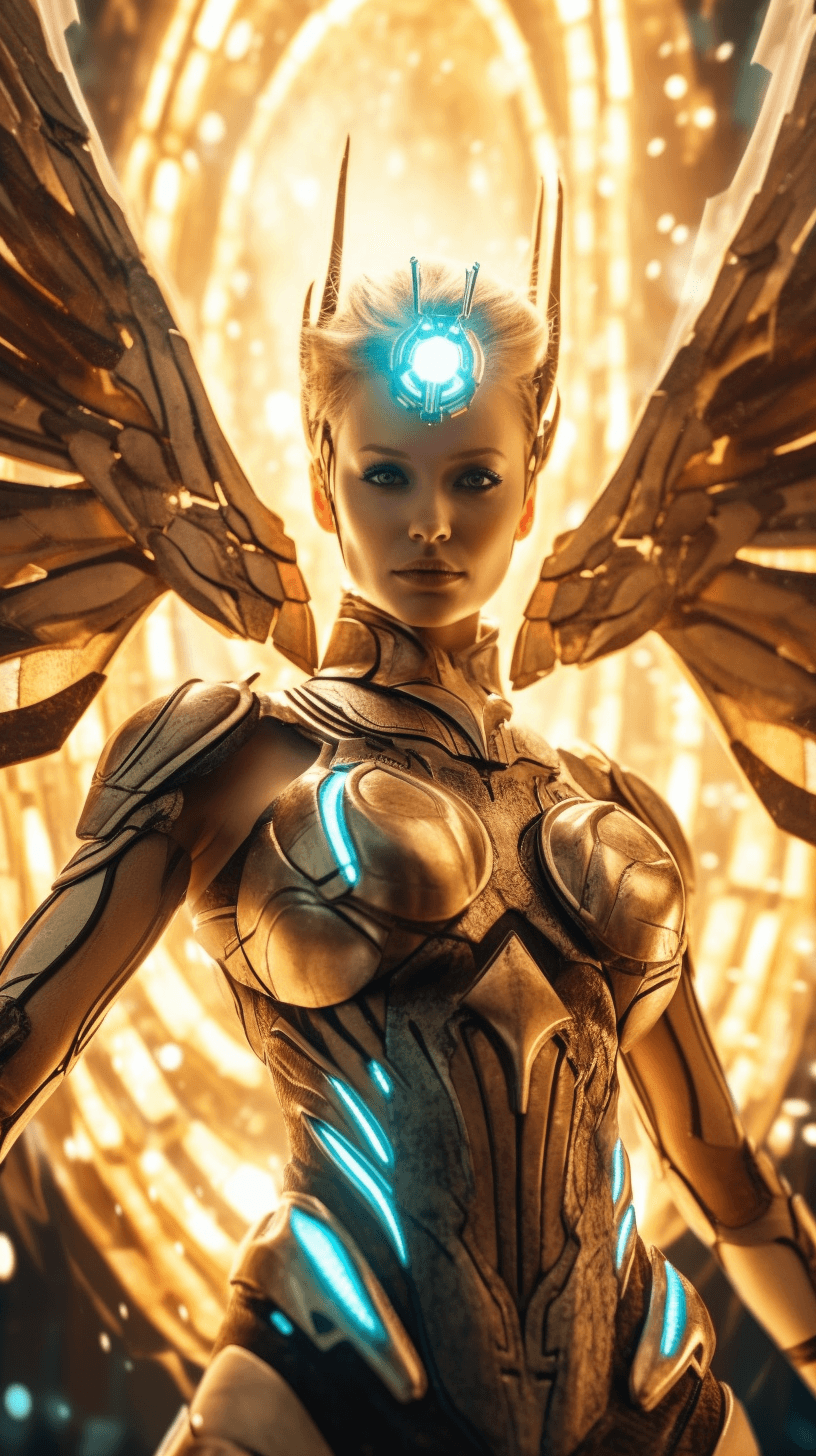 AI generated: a futuristic girl in the space with lightning and wings, in the style of 8k 3d, intricate costumes, ...