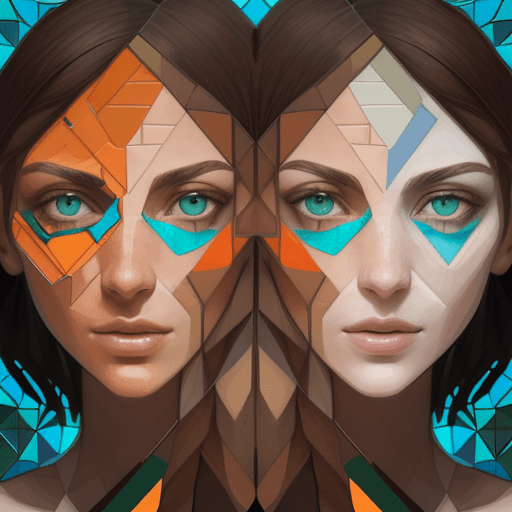 AI generated: A close-up portrait of a man's face in a mosaic collage style. The woman is facing forward symmetric...