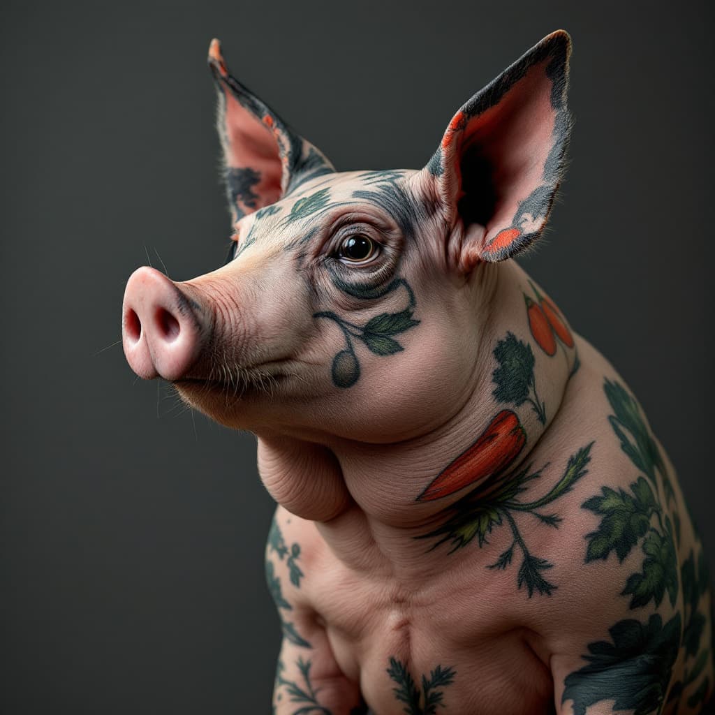 AI generated: photo close up, studio portrait hairless big fat pig thin lines tattooed with many  veggies, crisp, ...