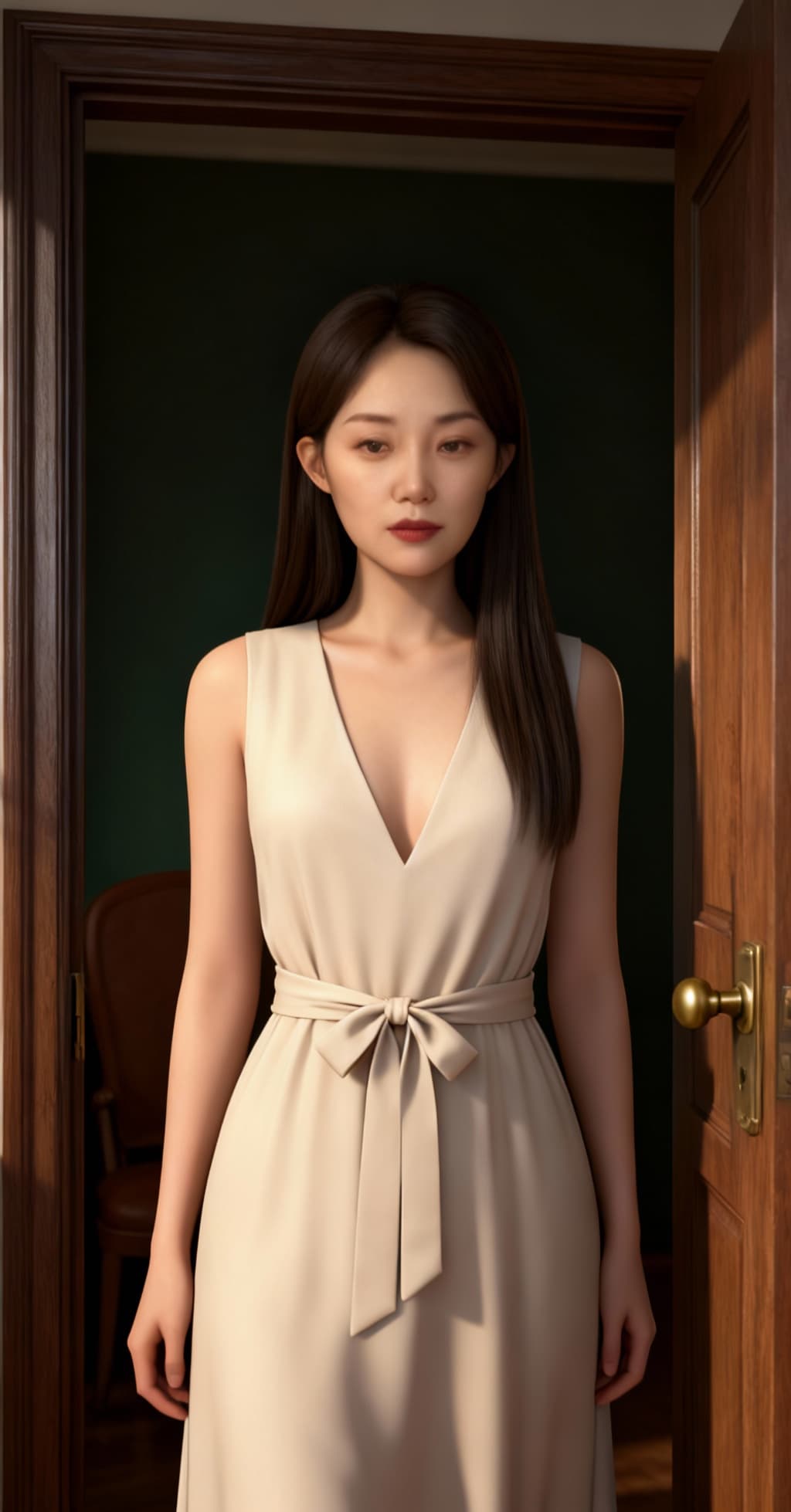 AI generated: This is a highly realistic digital photograph of an East Asian woman standing in a doorway. She has ...