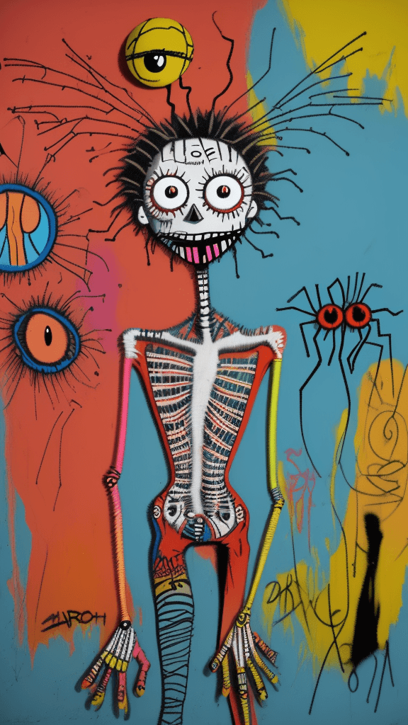 AI generated: graffitied on the wall invision my imaginary friend a Absurd Embroidery bird head spider legs red or...