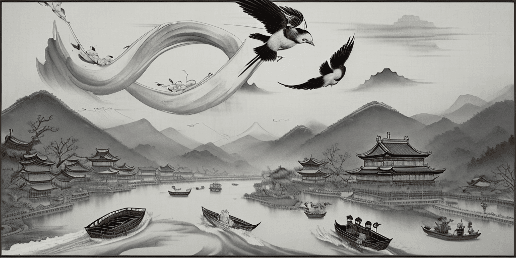 AI generated: Tradition Chinese Ink Painting style of An ancient Chinese ink painting, a bird flying in the sky, a...
