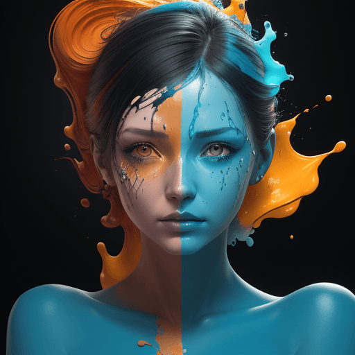 AI generated: blue and orange paint on the face of a woman, in the style of vray tracing, fluid forms, hyper-reali...