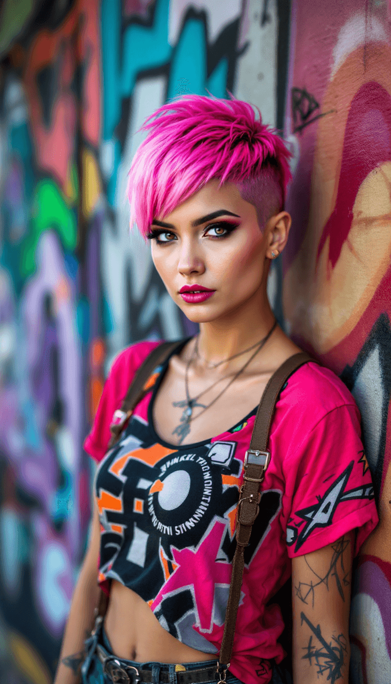 AI generated: A rebellious woman with short, vibrant pink hair, styled in a bold and edgy cut. Her eyes are pierci...