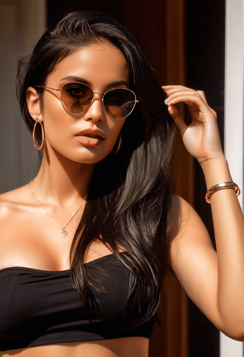AI generated: HDR photo of woman, black hair, gorgeously tanned body, full lips, looking at viewer, wearing a tube...
