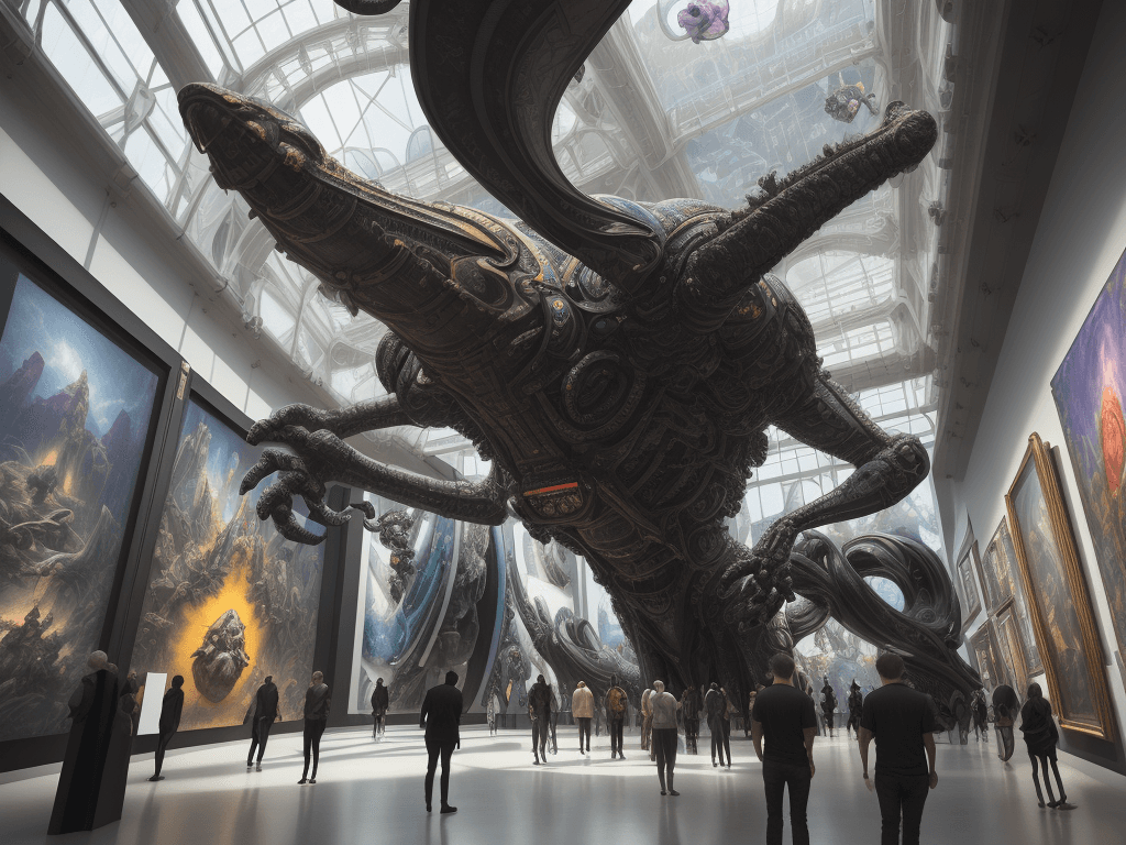 AI generated: Imagine a dynamic perspective inside a lively, futuristic museum that exhibits a collection of stran...
