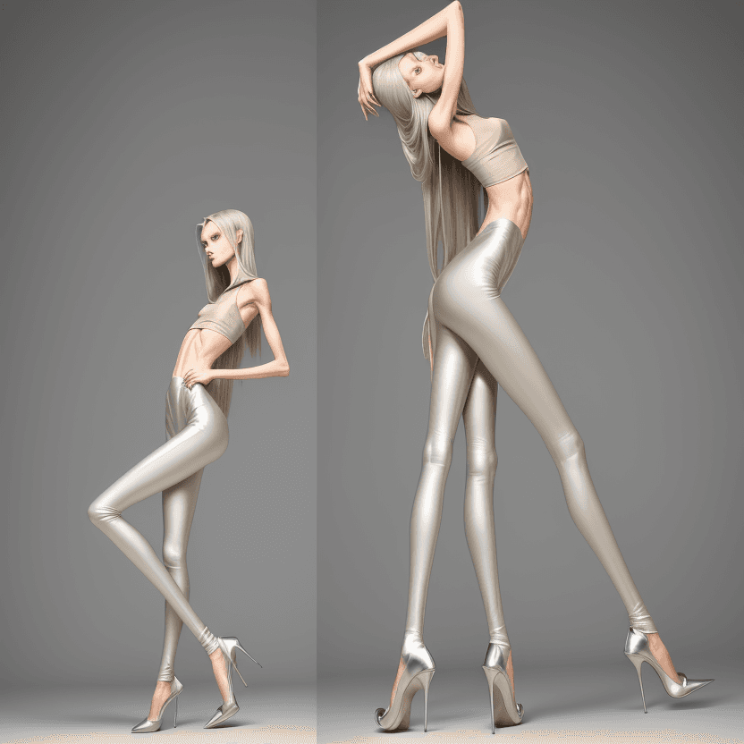 AI generated: photo of an extremely skinny, flat-chested model with extreme long and skinny legs with extreme long...