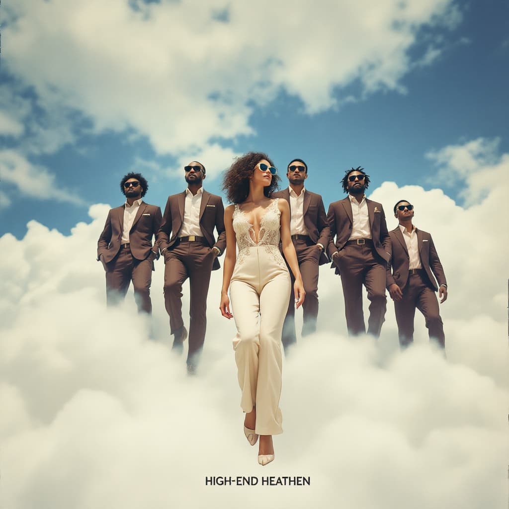 AI generated: A group of diverse men and women in stylish, dark brown suits and a woman in a cream-colored, lace-d...