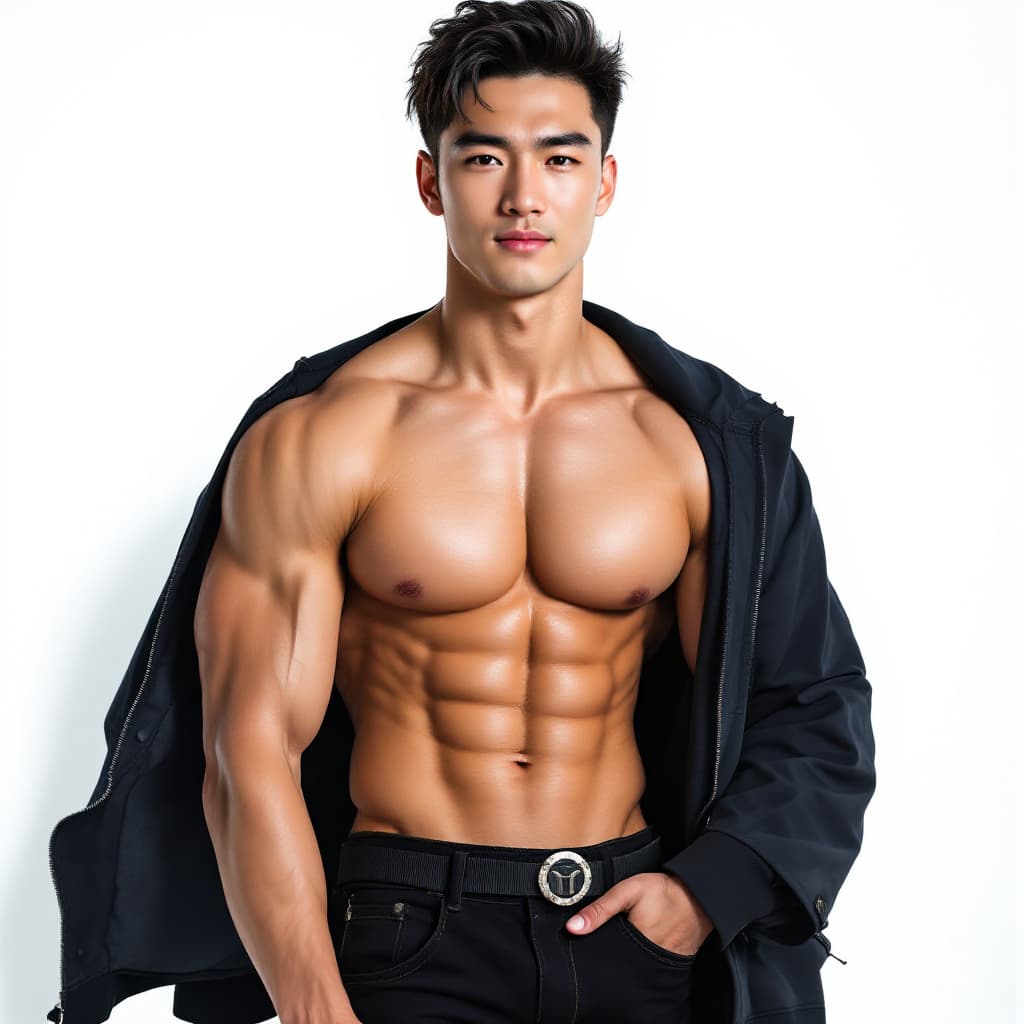 AI generated: photo，3.5mm，handsome chinese boy,24years old，weater,white background,muscle，college boy，