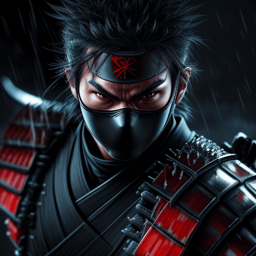 AI generated: Focused Ninja with Samurai Armor, Electricity, Ultra Realistic, Detailed, Katana Drawn, Raining, Dra...