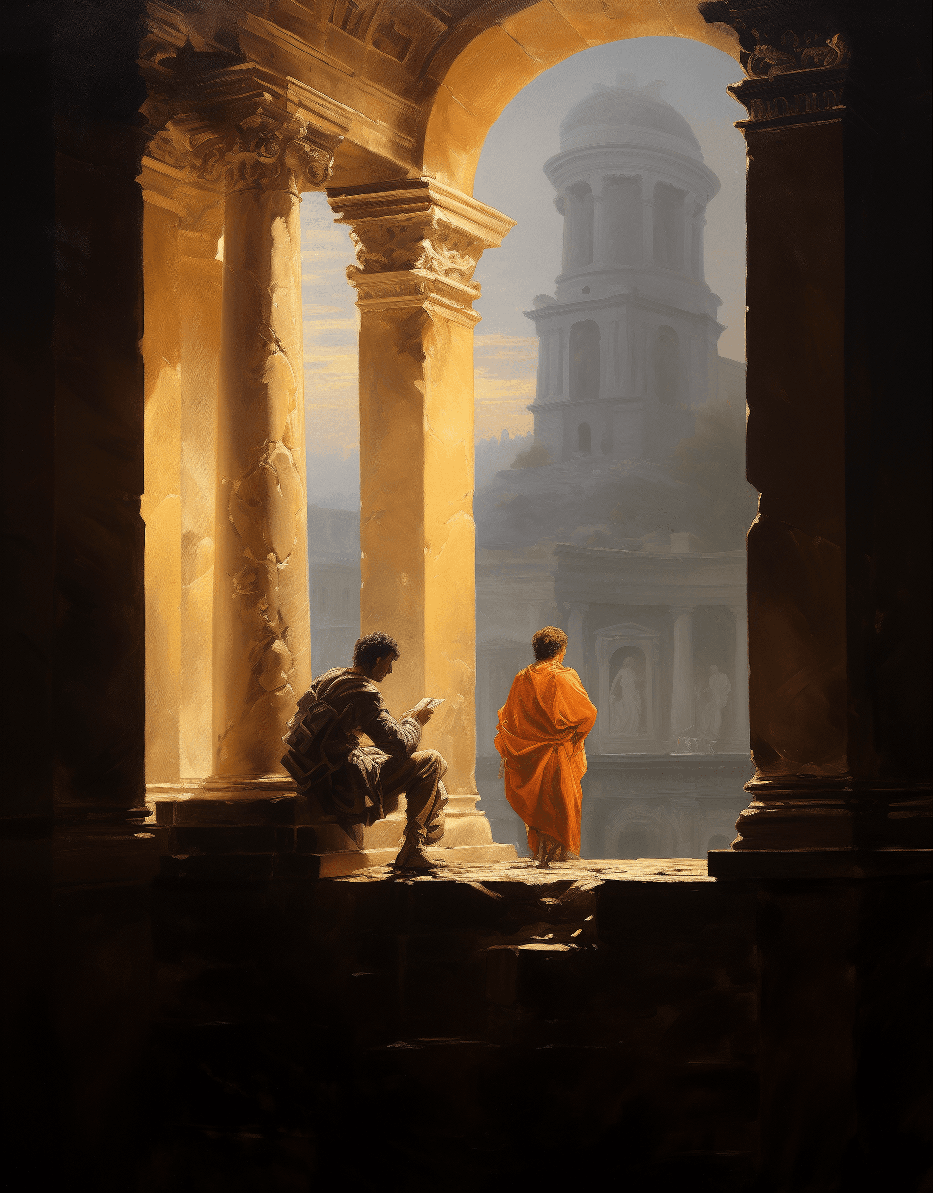 AI generated: In the style of Goya, an oil painting set in ancient Rome inside a palace with columns and arches, d...