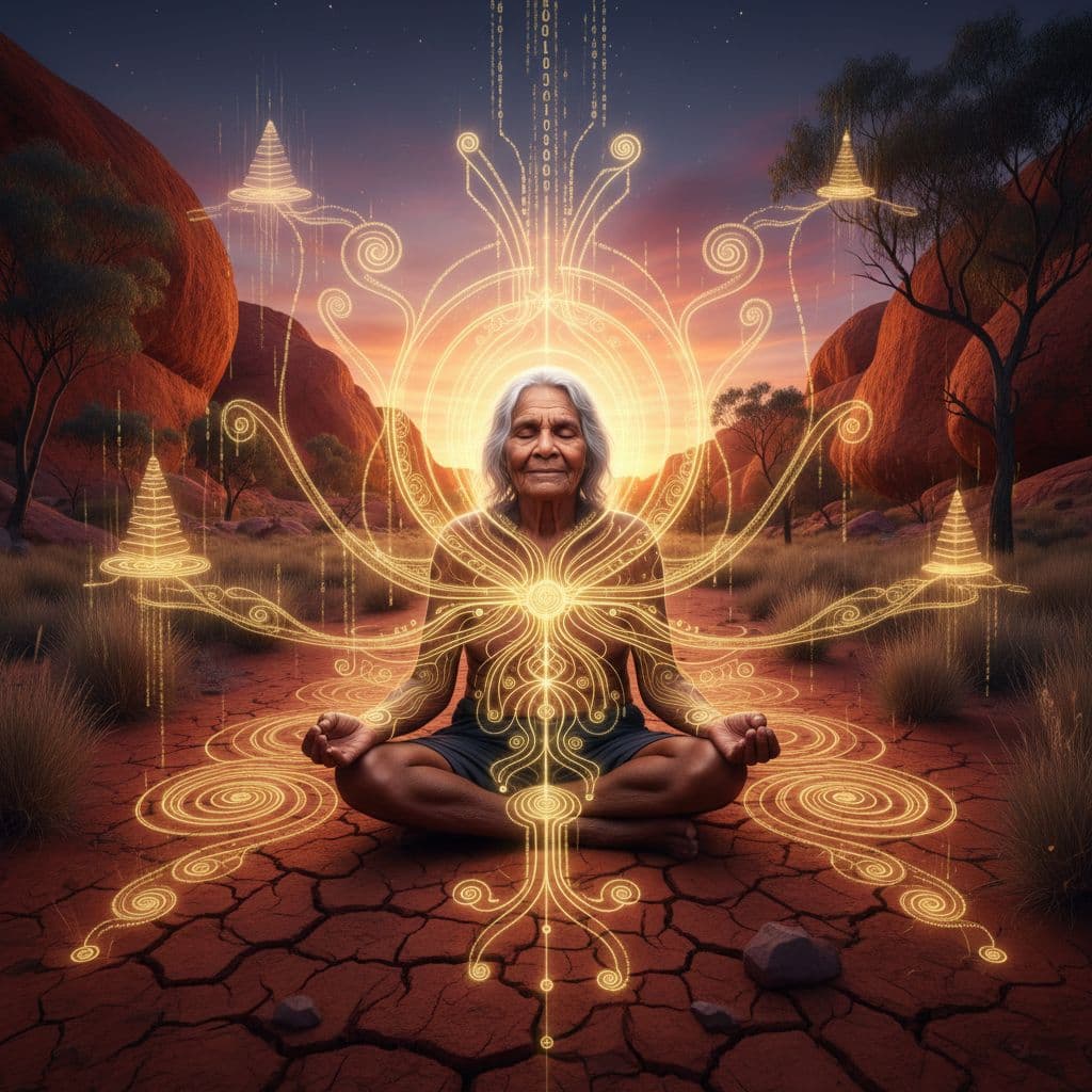 AI generated: `A powerful Aboriginal Elder, face etched with wisdom and kindness, sits in a state of deep meditati...