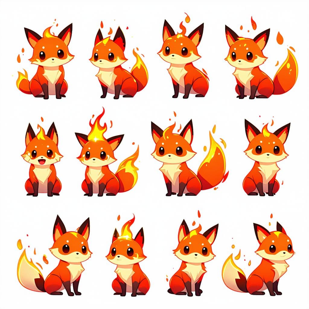 AI generated: cute fire_type pokemon inspired by foxes and red pandas, cartoon colors, similar to pokedex filter p...