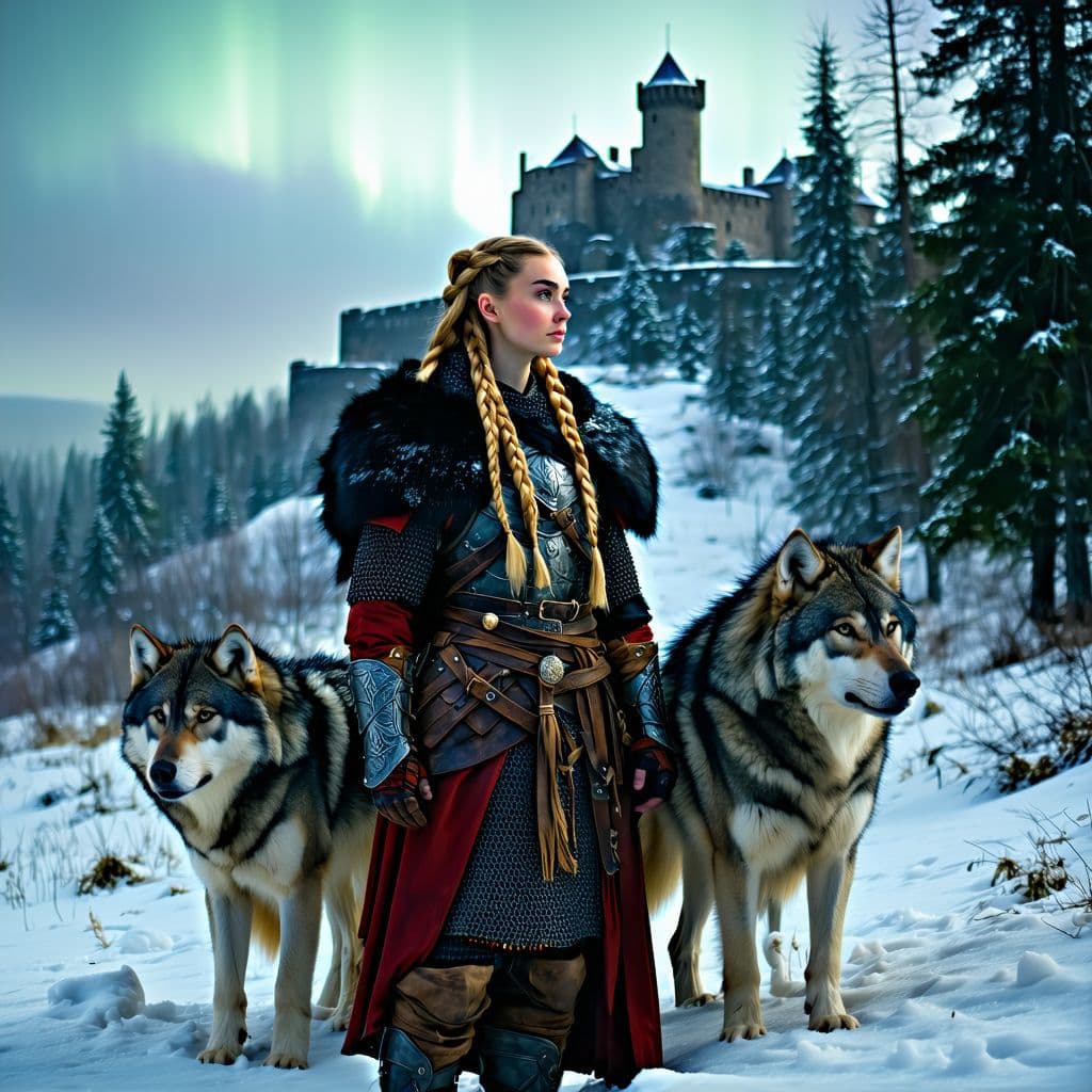 AI generated: A Viking warrior woman with long golden braids, dressed in intricately detailed fur and leather armo...