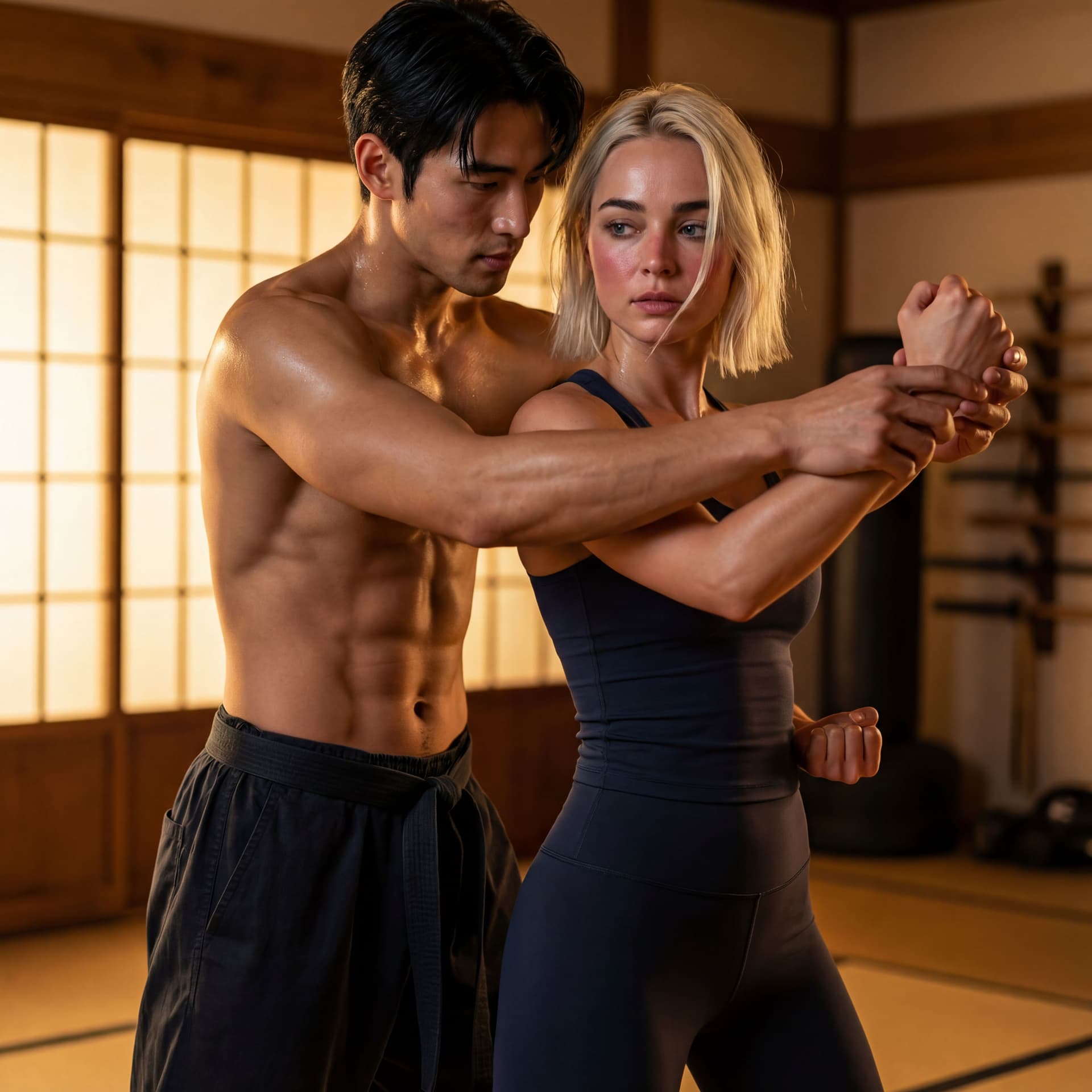 AI generated: Create a cinematic, intimate training-scene featuring Lilith and Ren.
Ren is an athletic Asian man w...