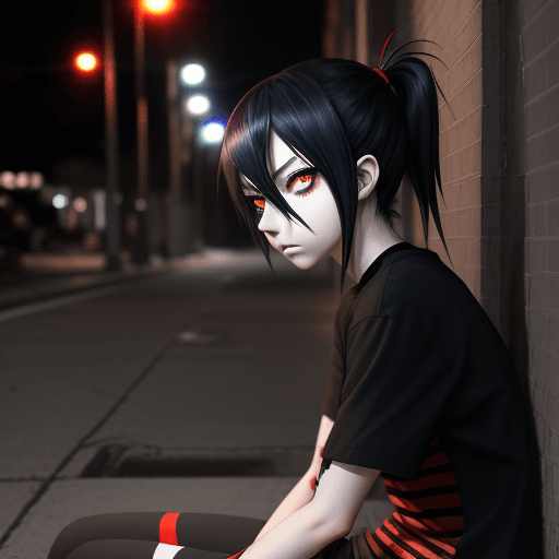 AI generated: side view anime emo girl. red eye iris. black shirt with red raceng stripes on the shirt. sitting in...