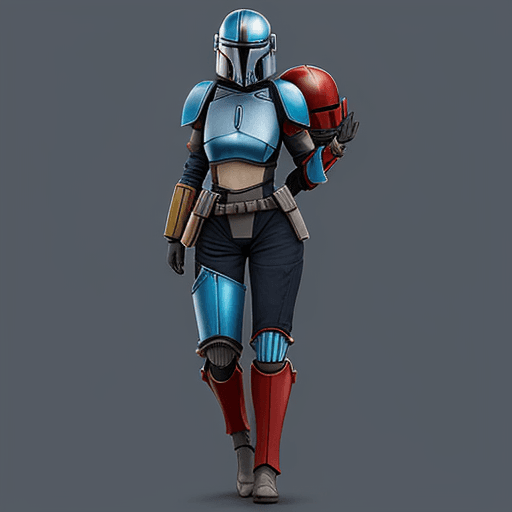 AI generated: female mandalorian wearing blue armour with red trim. jetpack and kama. helmet on, full body