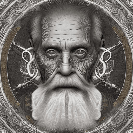 AI generated: portrait of an elderly man with painted face in golden brown with white outline, in the style of pir...