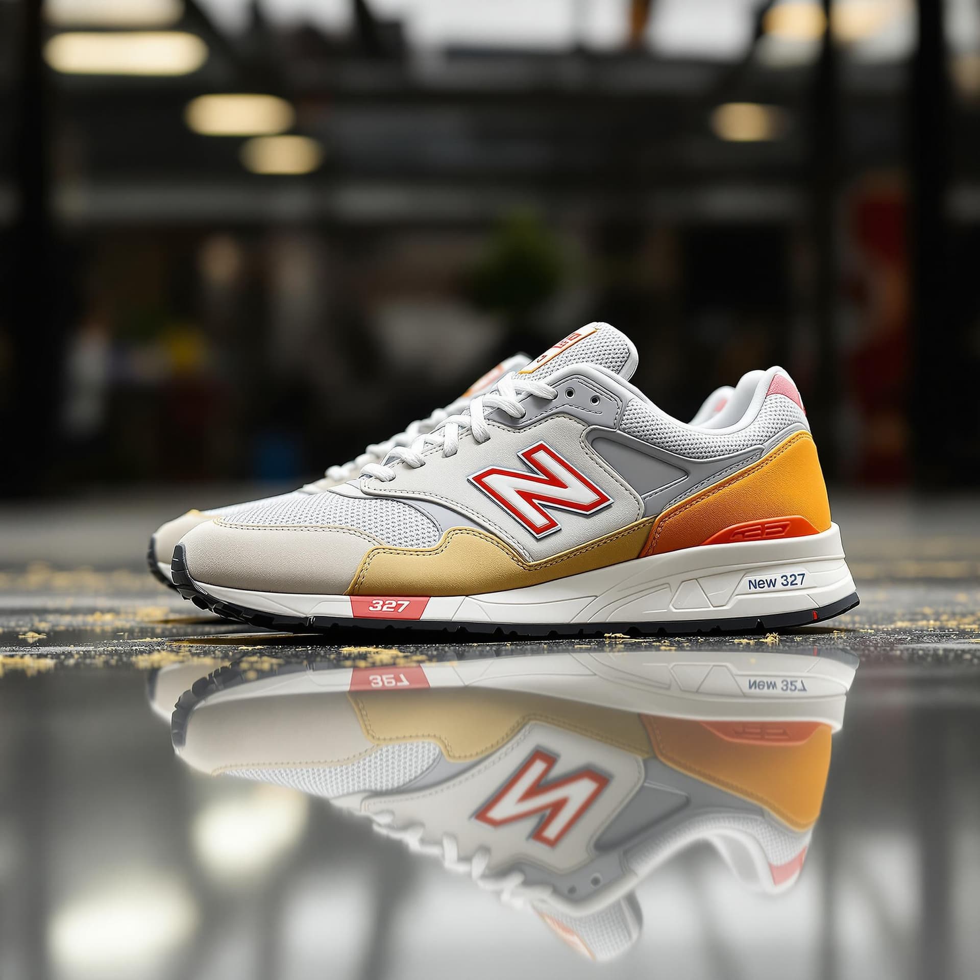 AI generated: photograph, productive, New Balance 327, white and orange, yellow, reflection