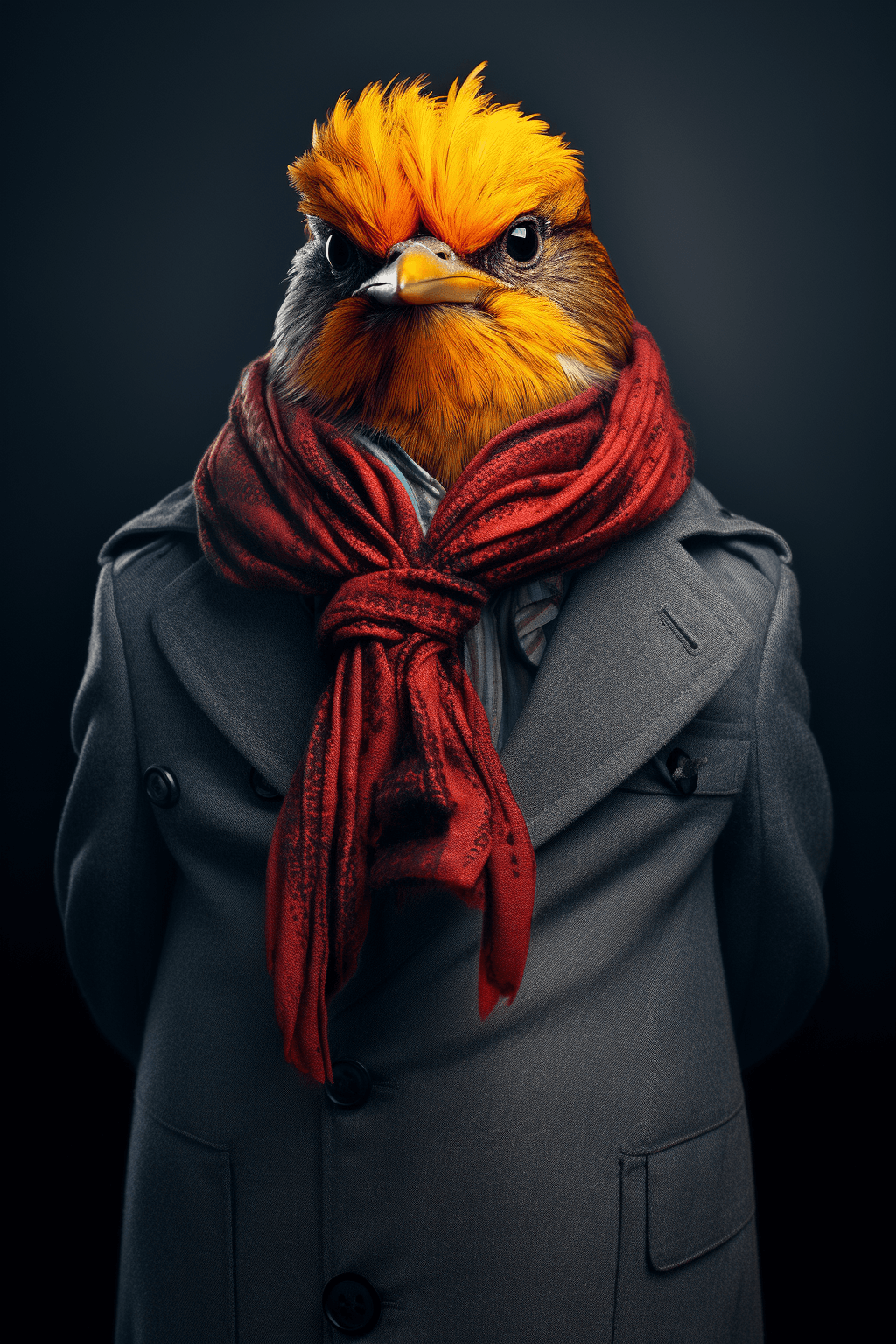 AI generated: a bird in clothing with an orange hair and a scarf, dark yellow and red, chen zhen, caras ionut, pop...