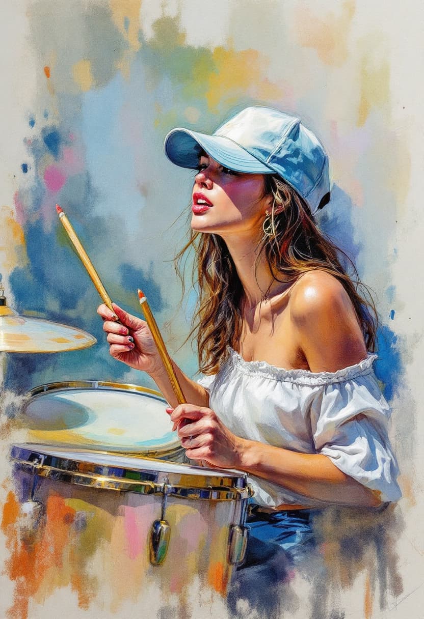 AI generated: Sketch Art, Beautiful Colored Pencil Line, Artistic Brush Strokes, Beautiful, Woman in Cap Playing D...