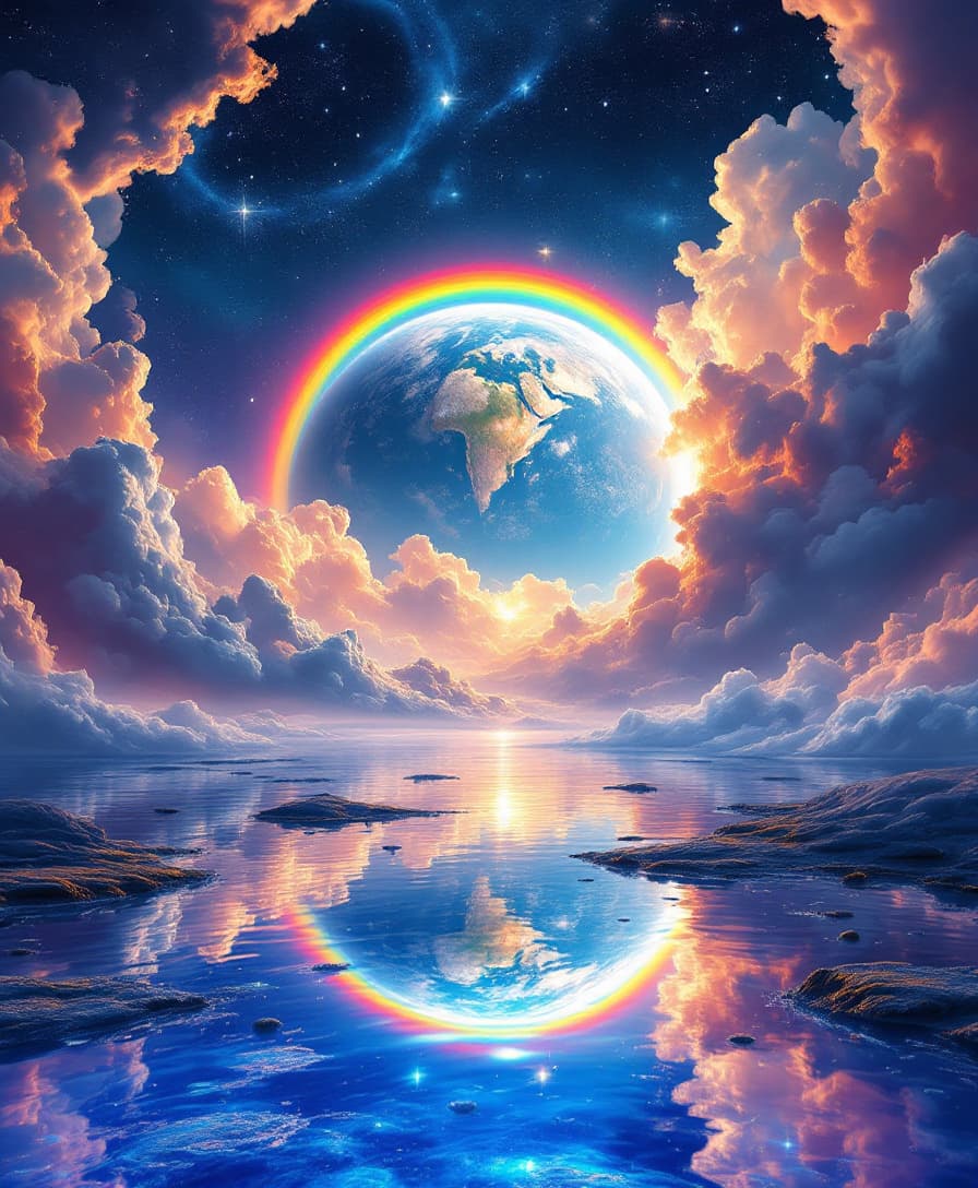 AI generated: A surreal, dreamlike depiction of a cosmic landscape featuring a majestic planet with visible landma...