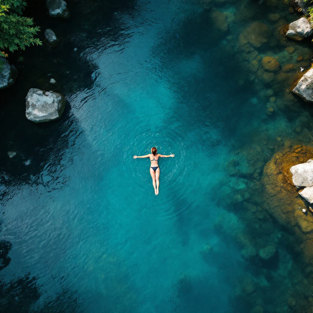 AI generated: Aerial view of the source of the Cetina River, Croatia. a woman swimming on her back; floating in th...