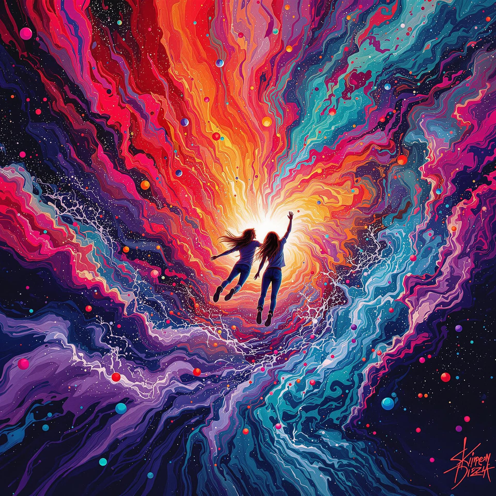 AI generated: artistic, water painting style, art piece showing a young male and female long haired Hippies lookin...