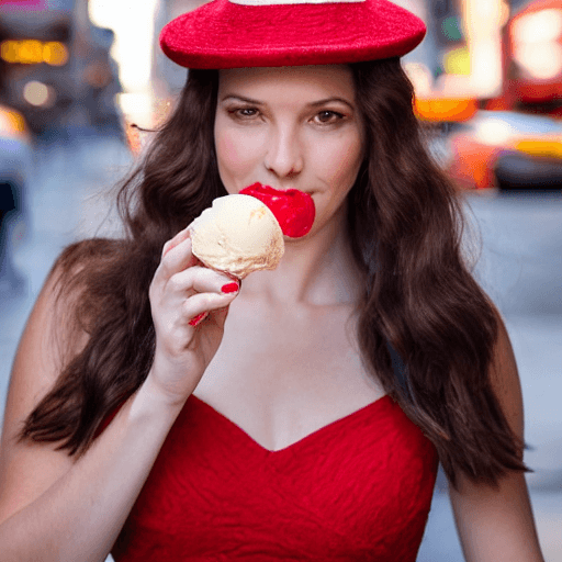 AI generated: a beautiful girl, with a beautiful face, in a hat, medium breasts, thin waist, in a red dress, with ...