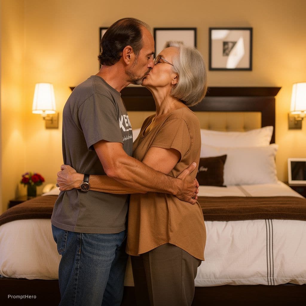 AI generated: the man and the woman are standing in the bedroom kissing passionately.
