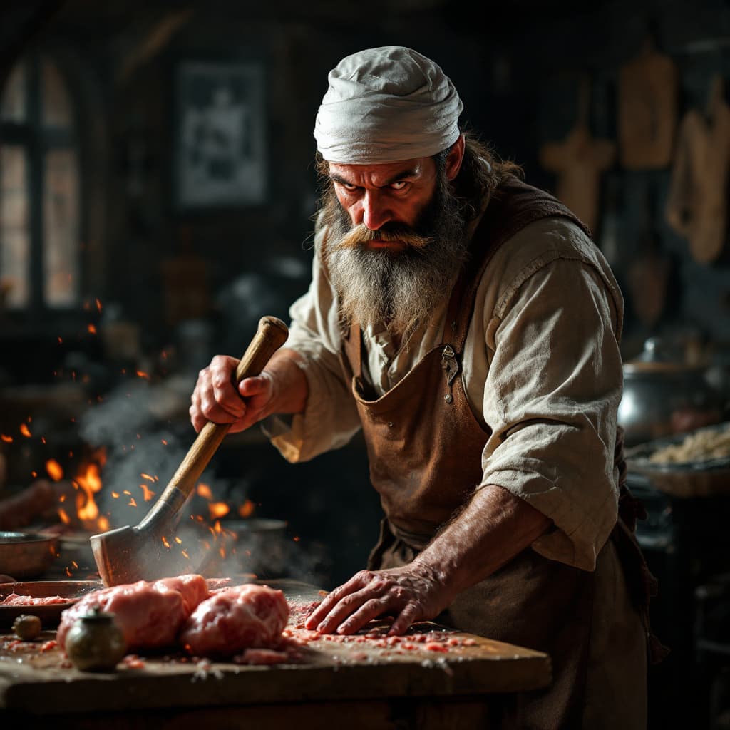 AI generated: Middle Ages, normal looking butcher with axe, while working, completely visible, hyperrealism, no ba...